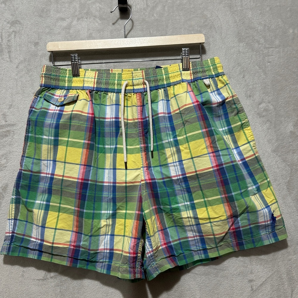Polo Ralph Lauren Y2K Mens XL Plaid Swim Trunks Yellow Green Madras Board Shorts